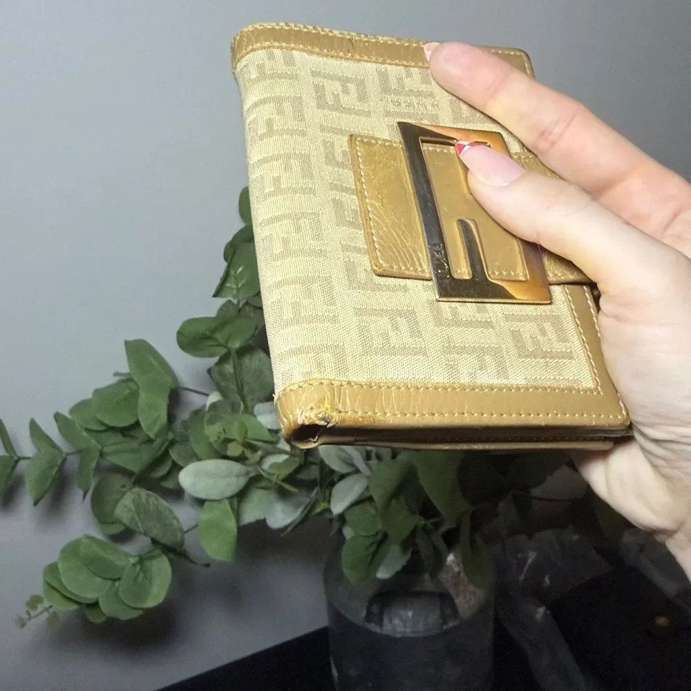 Beige Fendi Zucchino monogram canvas and leather bifold wallet